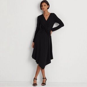 LAUREN RALPH LAUREN Black Twist Front Surplice Midi Dress V-Neck Long Sleeve 12
